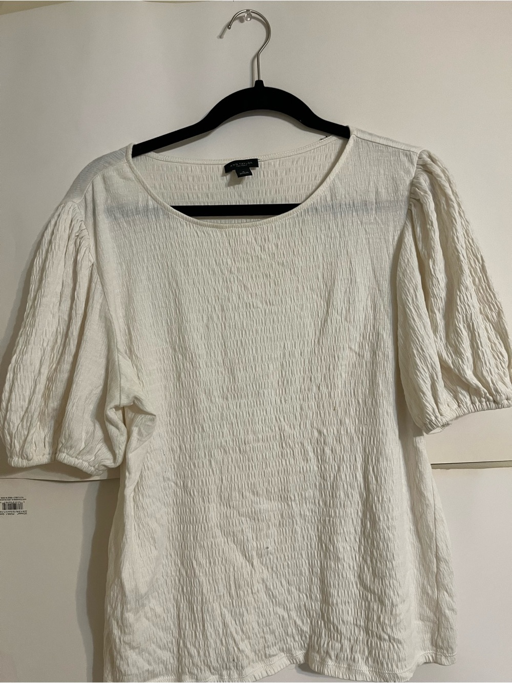 Ann Taylor White Textured Smocked Blouse Puff Sleeve Scoop Neck Casual Top (M)